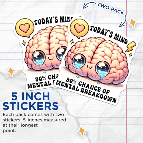 (2 Pack) Kawaii Brain Stickers - Mental Health Awareness - Quirky Cute Art for Journals Laptops and Notebooks - 5" On Longest Side - Sticks to Smooth Flat Surfaces - Made in USA - BMCS8253