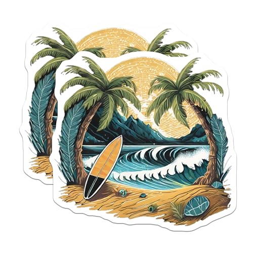 (2 Pack) Surfing Beach Paradise Stickers - Tropical Palm Tree Decal - Ocean Wave Surfboard Art - 5" On Longest Side - Sticks to Smooth Flat Surfaces - Made in USA - BMCS9260