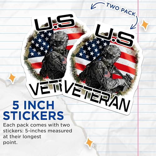 (2 Pack) U.S Veteran Stickers - Patriotic Military Veteran - American Flag Soldier Army - 5" On Longest Side - Sticks to Smooth Flat Surfaces - Made in USA - BMCS5824