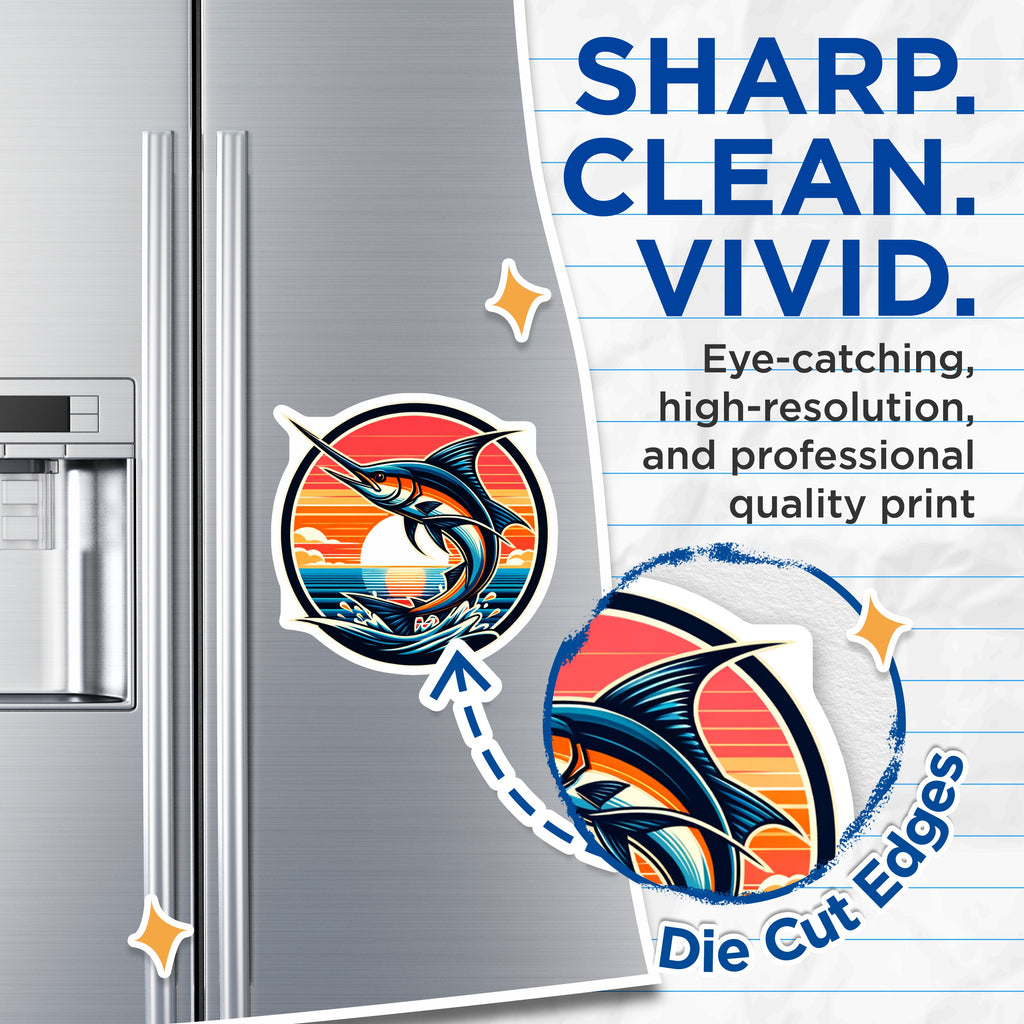 (2 Pack) Marlin Fishing Magnets - Retro Ocean Sunset Scene - Deep Sea Angler Decor - Coastal Beach Home - Marine Life Art - 5 Inches On Longest Side - Thick Durable Magnet - Made in USA - MAG36491