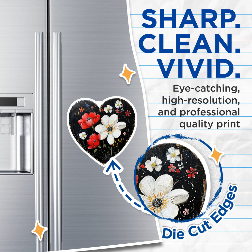 (2 Pack) Heart Floral Magnets - Rustic Farmhouse Decor - Moody Flower Art - Fridge Locker Accents - 5 Inches On Longest Side - Thick Durable Magnet - Made in USA - MAG36649