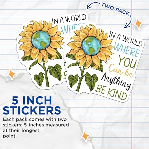 (2 Pack) Be Kind Sunflower Earth Stickers - Inspirational Quote Stickers - Motivational Message Stickers - 5" On Longest Side - Sticks to Smooth Flat Surfaces - Made in USA - BMCS4196