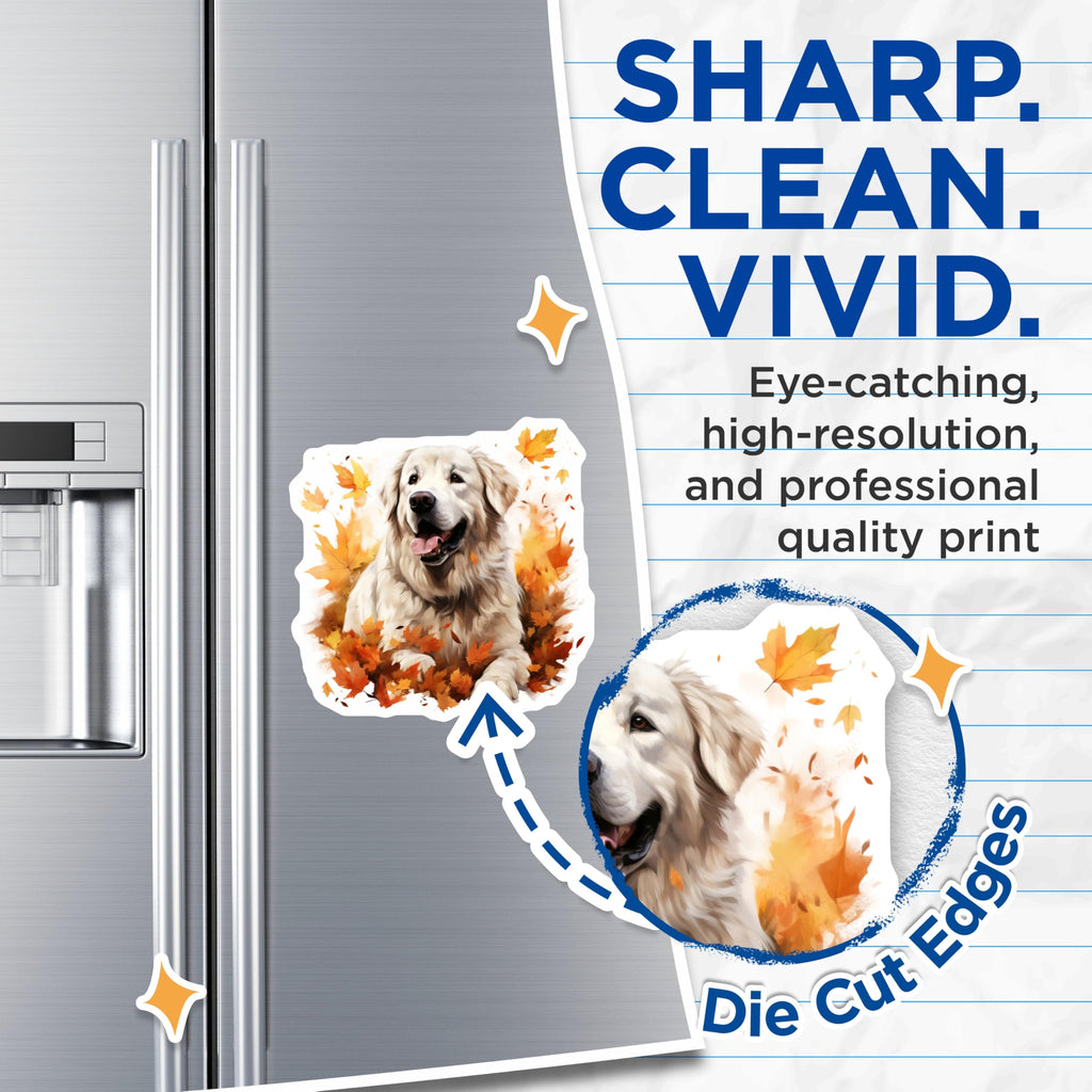 (2 Pack) Golden Retriever Fall Magnets - Happy Dog Autumn Leaves Decor - Great Pyrenees Pet Lover Refrigerator Art - 5 Inches On Longest Side - Thick Durable Magnet - Made in USA - MAG30341