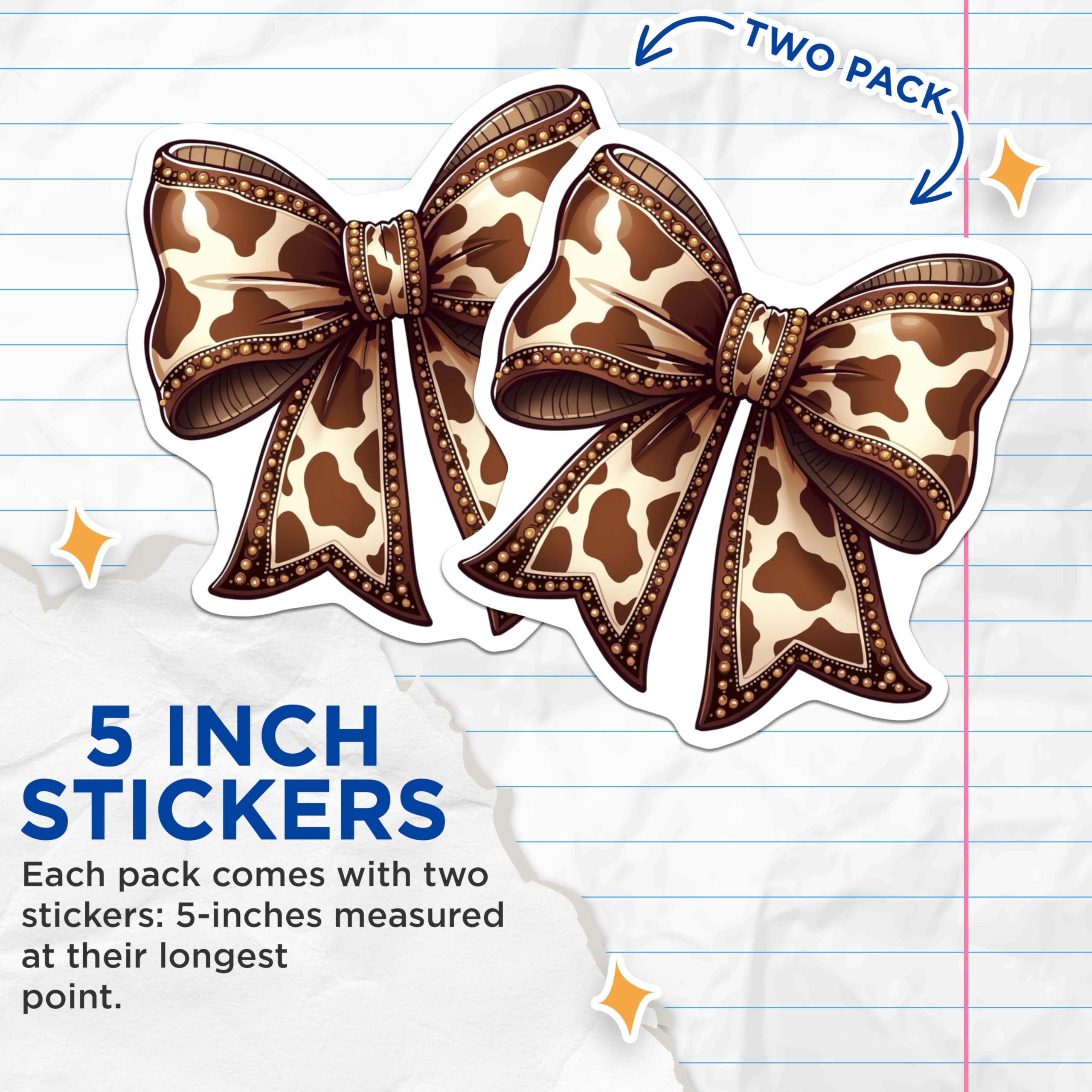 (2 Pack) Cow Print Bow Stickers - Western Style - Country Aesthetic - 5" On Longest Side - Sticks to Smooth Flat Surfaces - Made in USA - BMCS14421