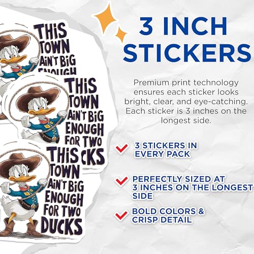 (3 Pack) Donald Duck Decals - Cowboy Duck - Funny Decal - 3 Inches On Longest Side - Easy Peel & Apply - Made in USA - 3MCS7273
