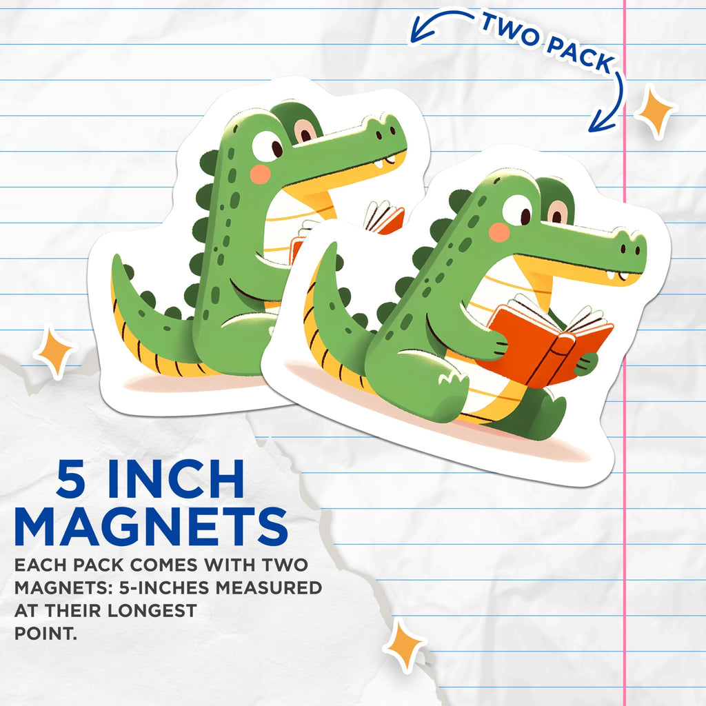 (2 Pack) Alligator Reading Magnets - Cute Crocodile Book Lover Decor - Whimsical Literary Animal Home Refrigerator Display - 5 Inches On Longest Side - Thick Durable Magnet - Made in USA - MAG21593