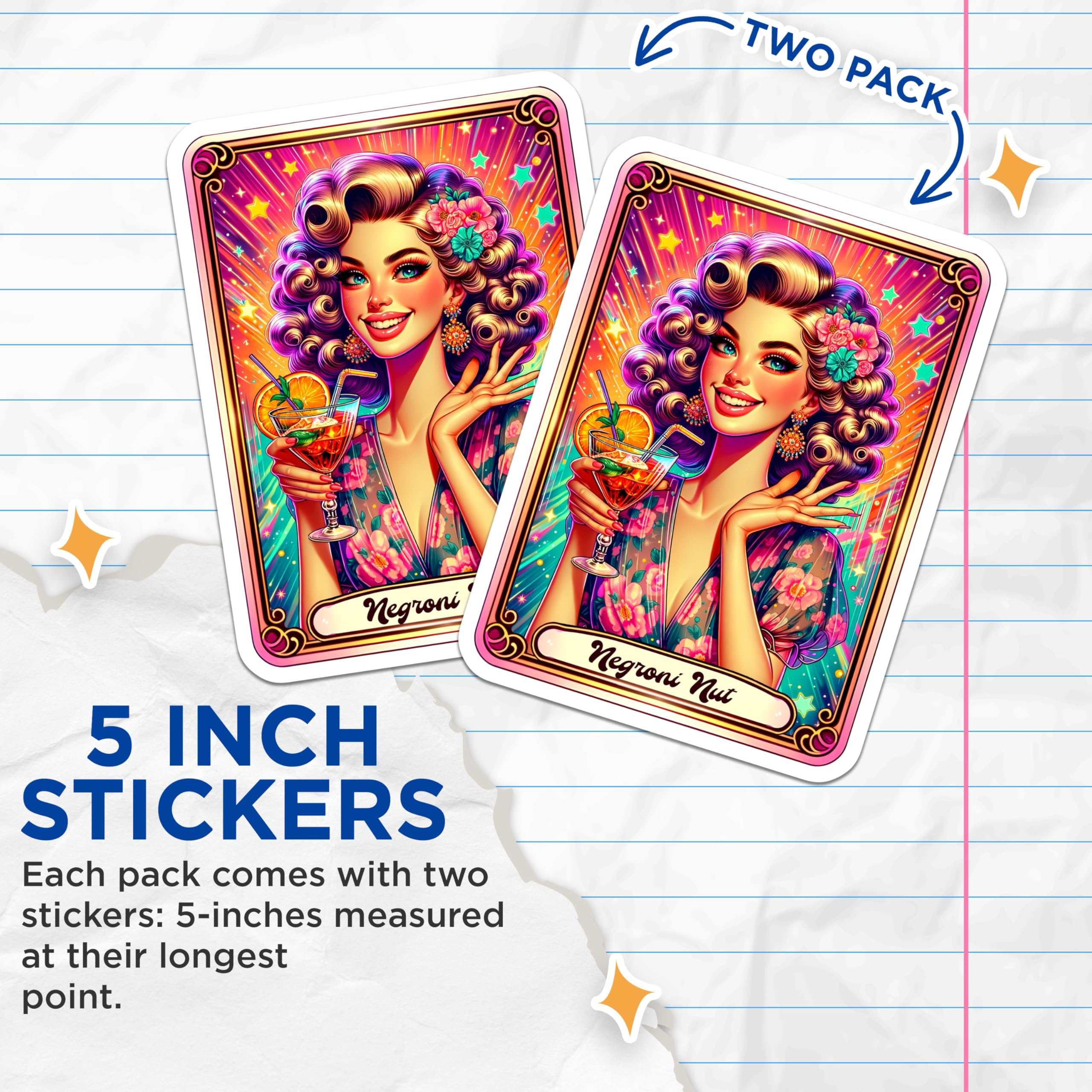 (2 Pack) Negroni Nut Stickers - Retro Cocktail Woman - Vibrant Pinup Art - Happy Hour Decor - 5" On Longest Side - Sticks to Smooth Flat Surfaces - Made in USA - BMCS20564