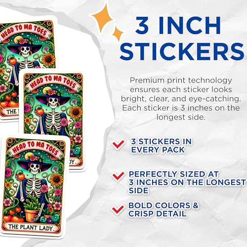 (3 Pack) Plant Lady Decals - Skeleton Gardener - Tomato Art Decals - 3 Inches On Longest Side - Easy Peel & Apply - Made in USA - 3MCS0286