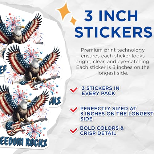 (3 Pack) American Eagle Decals - Patriotic Guitar - Freedom Rocks Decals - 3 Inches On Longest Side - Easy Peel & Apply - Made in USA - 3MCS6178