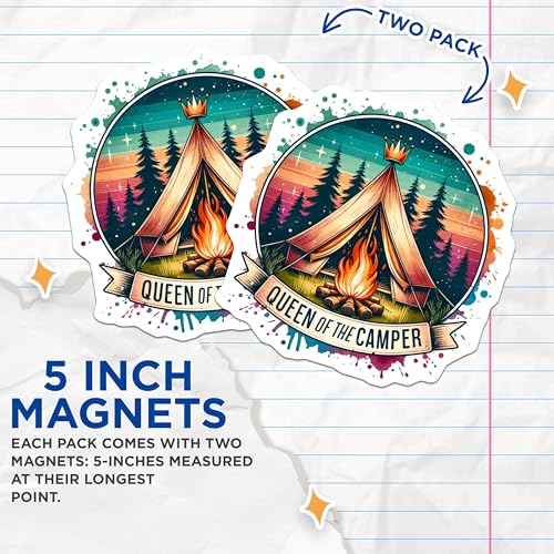 (2 Pack) Queen of The Camper Magnets - Camping Enthusiast - RV Accessories - Travel Decor - 5" On Longest Side - for Cars, Fridges, Toolboxes - Made in USA - MAG6778