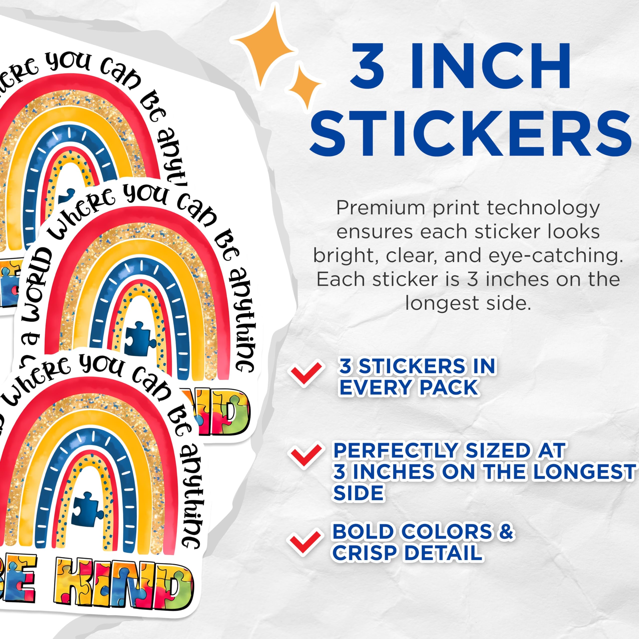 (3 Pack) Autism Awareness Decals - Rainbow Puzzle Piece - Be Kind Autism Decal - 3 Inches On Longest Side - Easy Peel & Apply - Made in USA - 3MCS7183