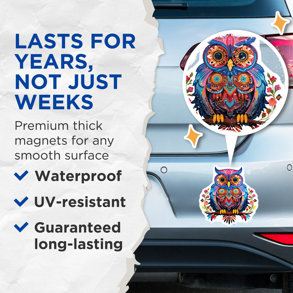 (2 Pack) Bohemian Owl Magnets - Vibrant Folk Art Refrigerator Decor - Eclectic Wise Owl Kitchen Display - 5 Inches On Longest Side - Thick Durable Magnet - Made in USA - MAG38140