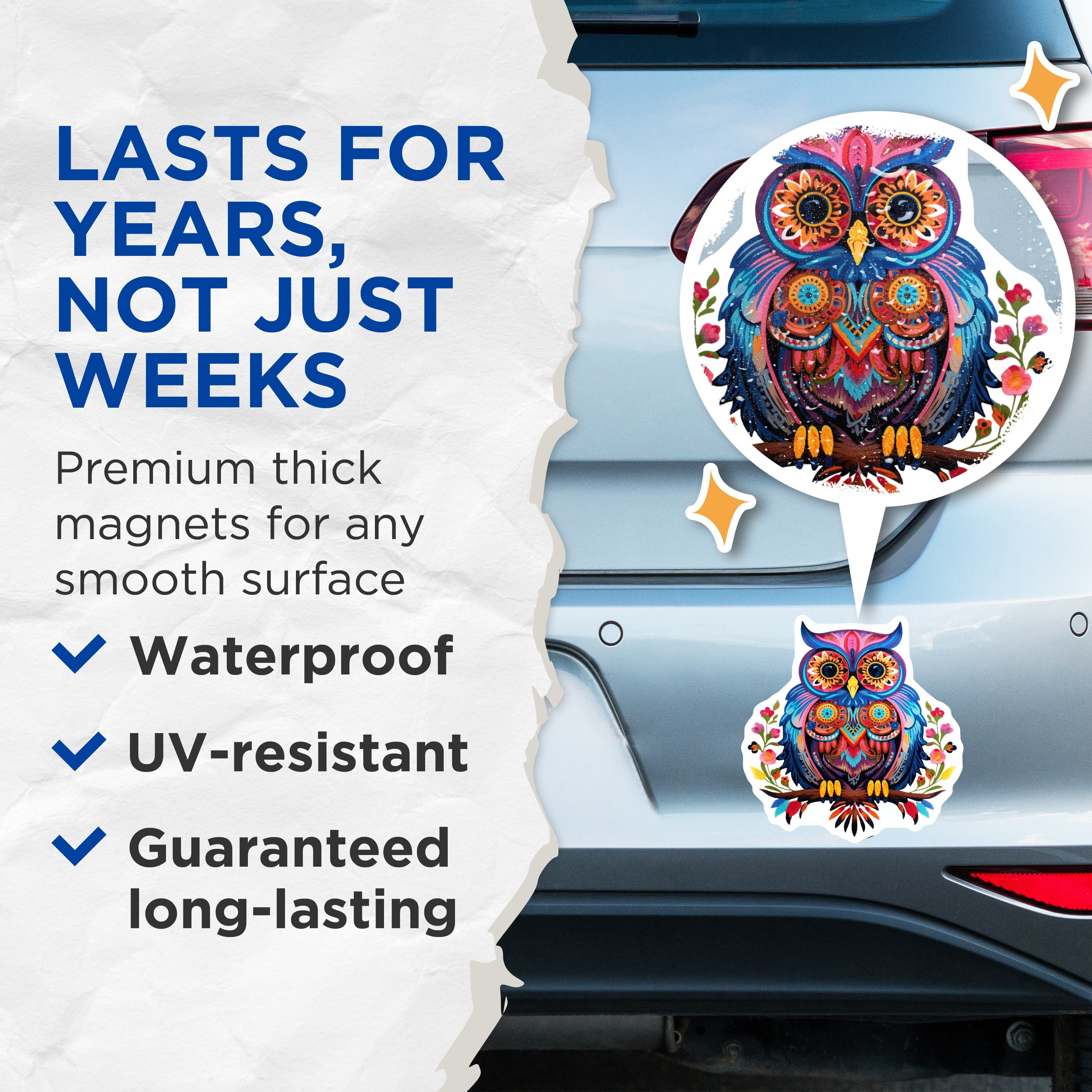 (2 Pack) Bohemian Owl Magnets - Vibrant Folk Art Refrigerator Decor - Eclectic Wise Owl Kitchen Display - 5 Inches On Longest Side - Thick Durable Magnet - Made in USA - MAG38140