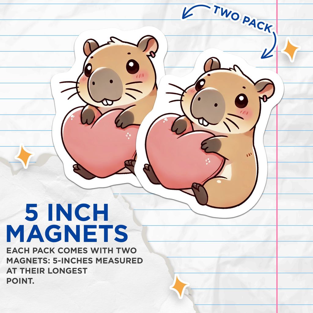 (2 Pack) Cute Capybara Heart Magnets - Kawaii Animal Love Decor - Sweet Refrigerator Accents - 5 Inches On Longest Side - Thick Durable Magnet - Made in USA - MAG38003