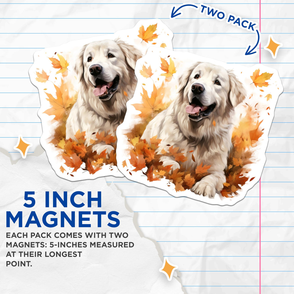 (2 Pack) Golden Retriever Fall Magnets - Happy Dog Autumn Leaves Decor - Great Pyrenees Pet Lover Refrigerator Art - 5 Inches On Longest Side - Thick Durable Magnet - Made in USA - MAG30341