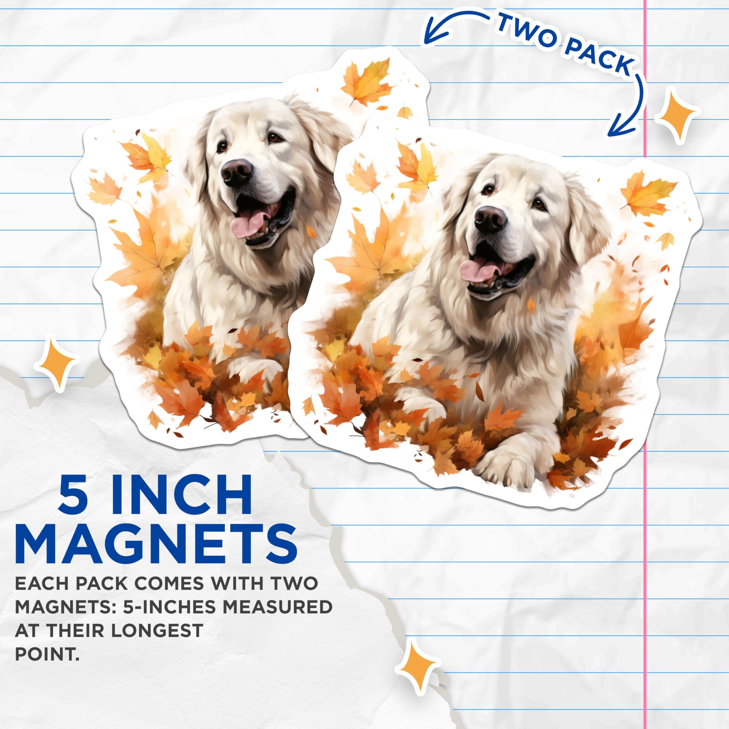 (2 Pack) Golden Retriever Fall Magnets - Happy Dog Autumn Leaves Decor - Great Pyrenees Pet Lover Refrigerator Art - 5 Inches On Longest Side - Thick Durable Magnet - Made in USA - MAG30341
