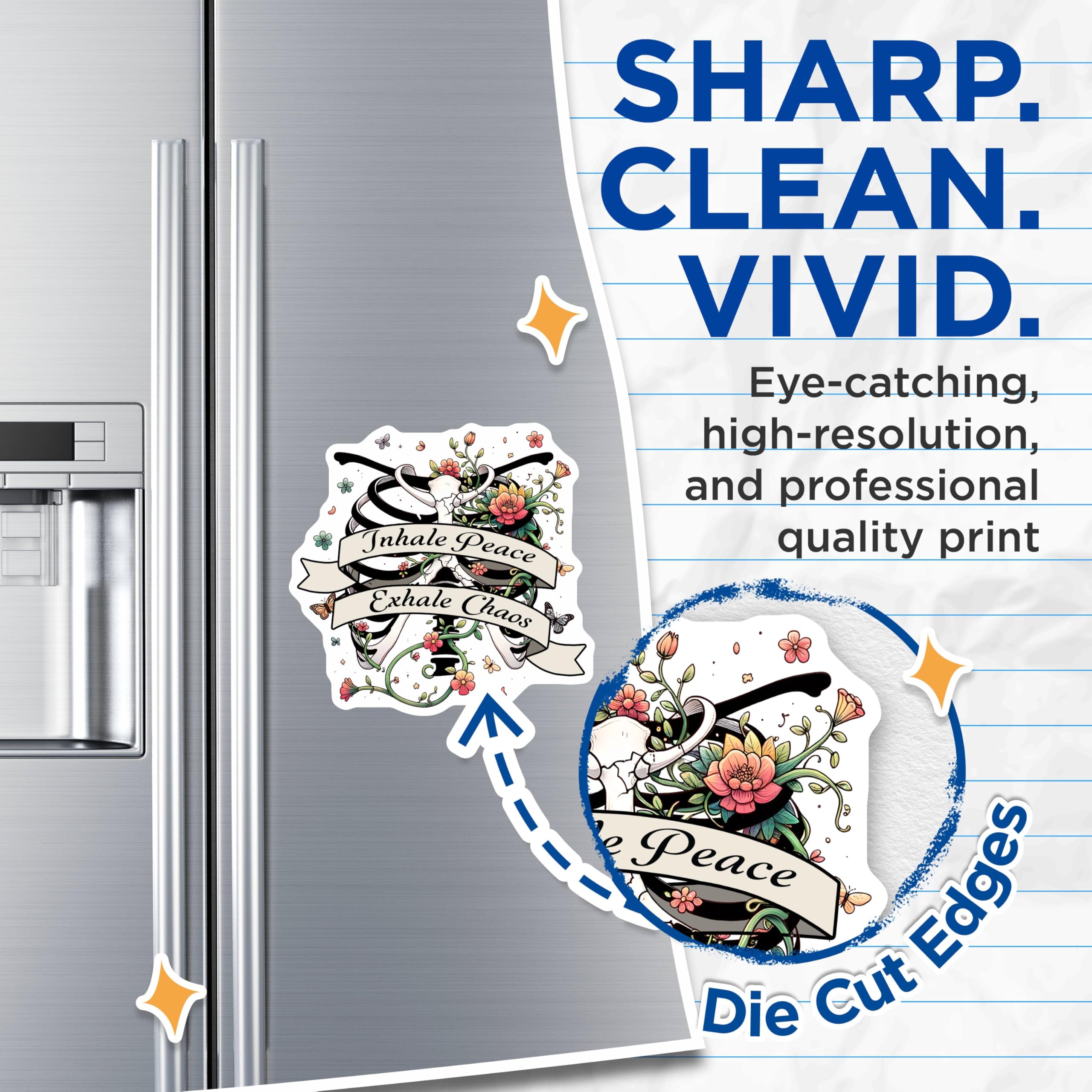(2 Pack) Inhale Peace Exhale Chaos Magnets - Positive Vibes - Inspirational Quote - Floral Skeleton Design - Motivational Art Piece - 5" On Longest Side - for Cars, Fridges, Toolboxes - Made in USA -