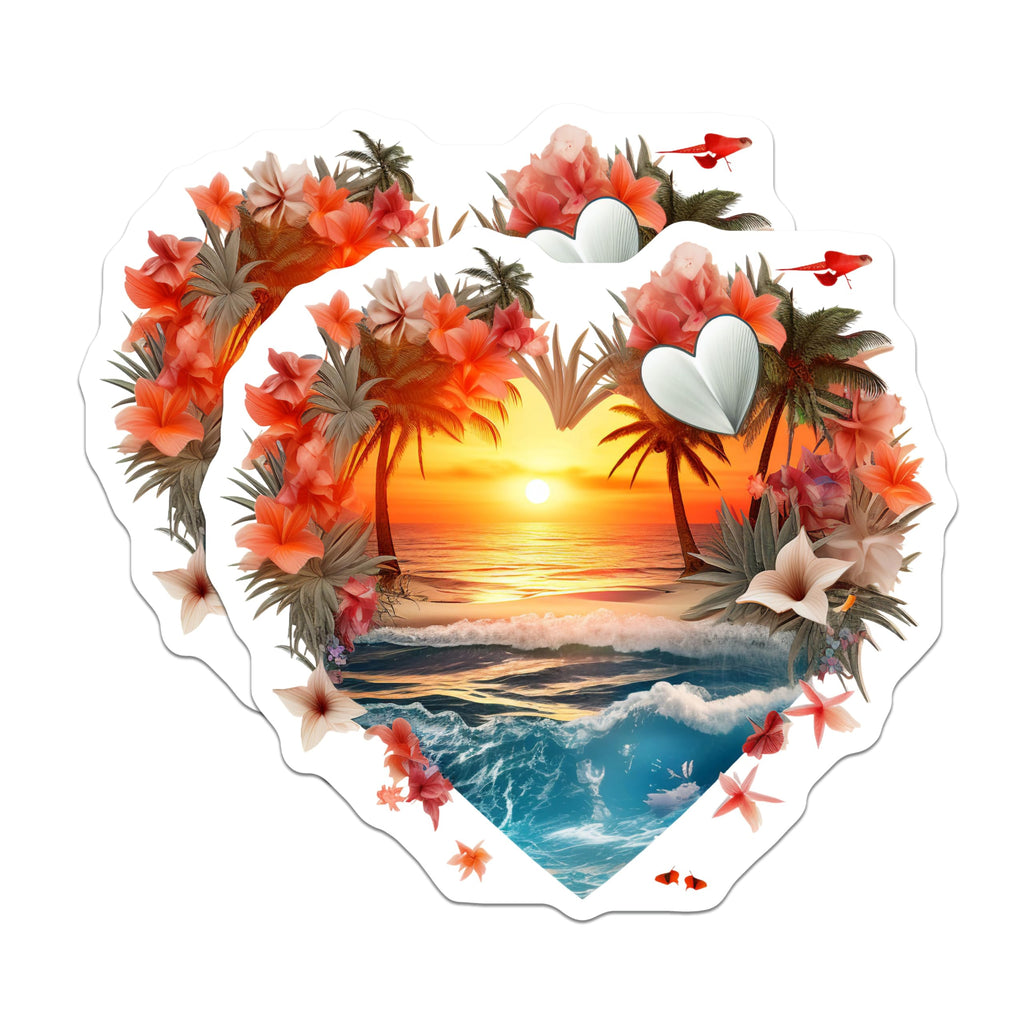 (2 Pack) Heart Sunset Magnets - Tropical Beach Palm Tree Ocean Waves - Vibrant Floral Island Love Art - 5 Inches On Longest Side - Thick Durable Magnet - Made in USA - MAG20115