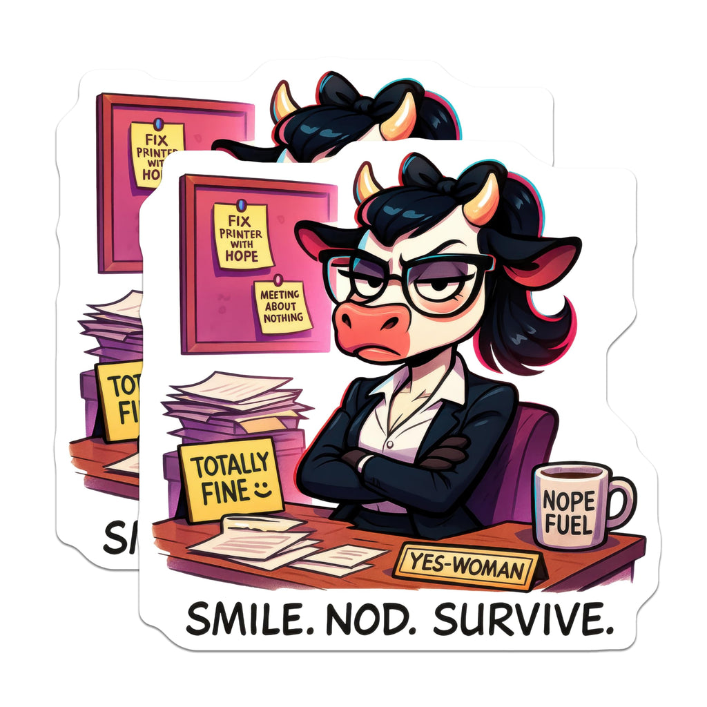 (2 Pack) Stressed Cow Office Stickers - Corporate Humor - Work Life Survival - 5" On Longest Side - Sticks to Smooth Flat Surfaces - Made in USA - BMCS20485