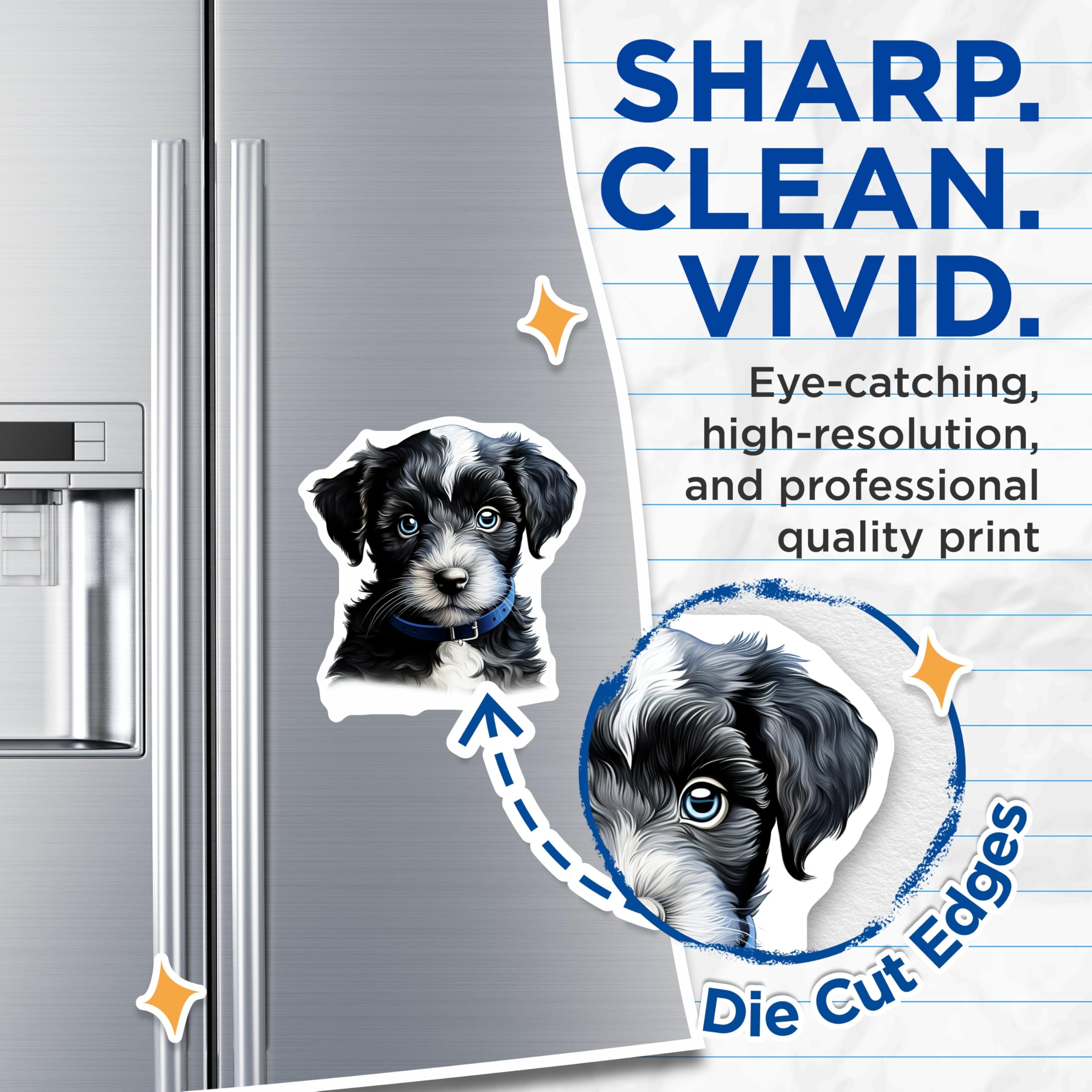 (2 Pack) Cute Puppy Magnets - Fluffy Dog Decor - Animal Lover Essentials - Blue Eyed Canine Art - 5 Inches On Longest Side - Thick Durable Magnet - Made in USA - MAG26279
