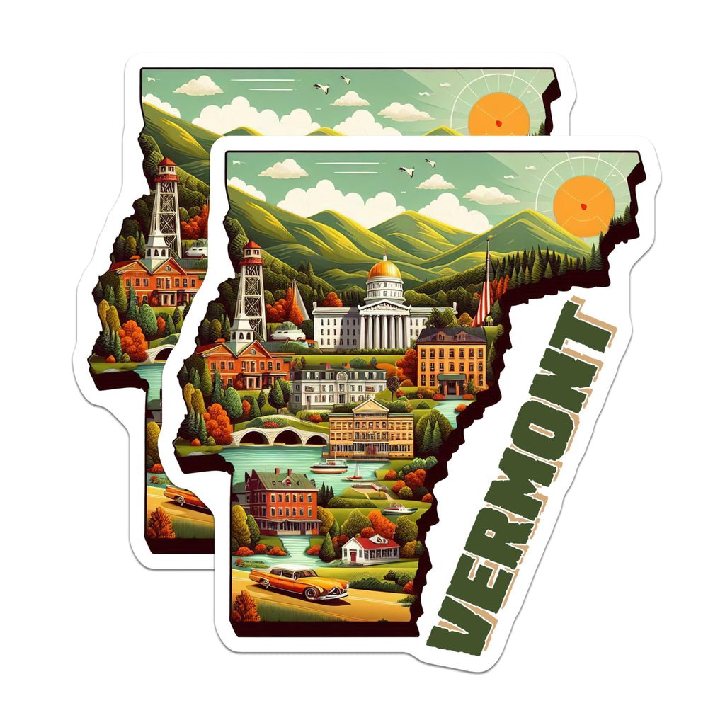 (2 Pack) Vermont State Stickers - Scenic Vermont Travel Decals - Retro Vermont Souvenir Stickers - 5" On Longest Side - Sticks to Smooth Flat Surfaces - Made in USA - BMCS5541