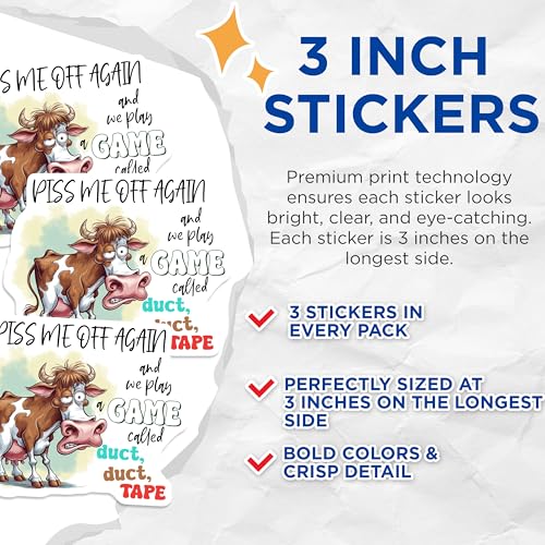 (3 Pack) Funny Cow Decals - Sarcastic Stickers - Piss Me Off Again Decals - 3 Inches On Longest Side - Easy Peel & Apply - Made in USA - 3MCS8475