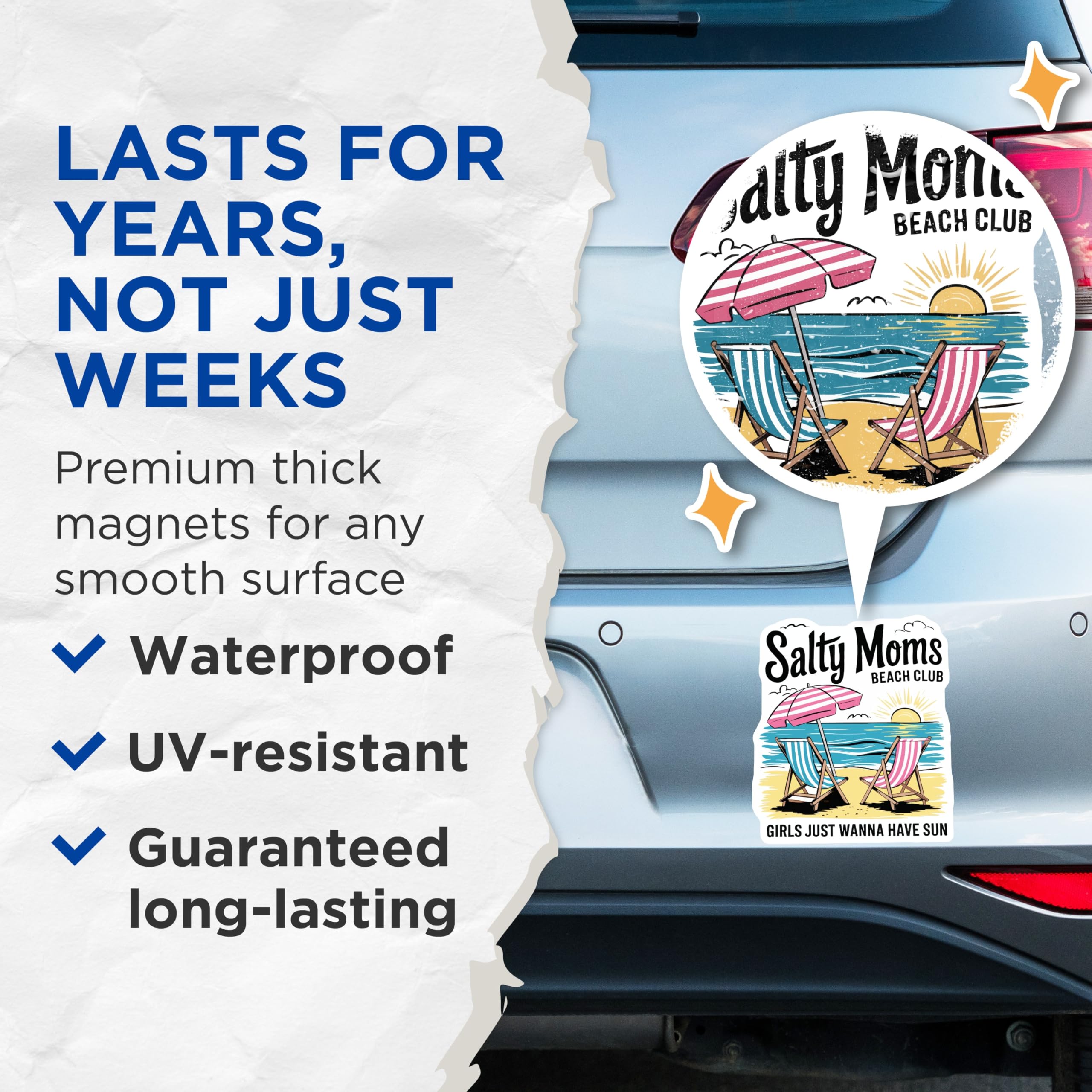 (2 Pack) Salty Moms Magnets - Beach Club Vacation Decor - Funny Mom Life Sayings - Girls Just Wanna Have Sun - 5 Inches On Longest Side - Thick Durable Magnet - Made in USA - MAG22124