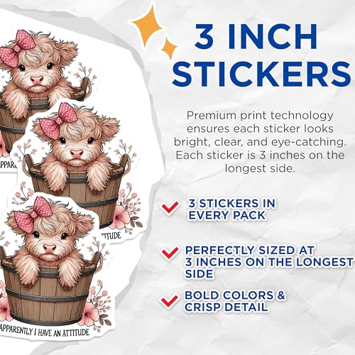 (3 Pack) Highland Cow Decals - Attitude Cow Decal - Cute Cow Laptop Decal - 3 Inches On Longest Side - Easy Peel & Apply - Made in USA - 3MCS4489