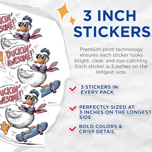 (3 Pack) Duckin Awesome Decals - Skateboard Duck - Cool Animal Decals - 3 Inches On Longest Side - Easy Peel & Apply - Made in USA - 3MCS7297
