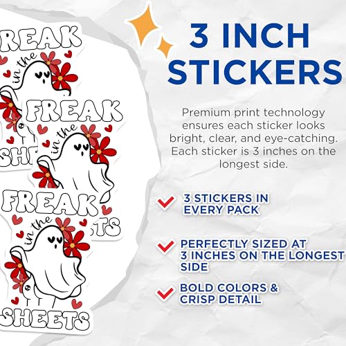 (3 Pack) Spooky Ghost Decals - Funny Halloween Decals - Freak in The Sheets Vinyl Decal - 3 Inches On Longest Side - Easy Peel & Apply - Made in USA - 3MCS2162