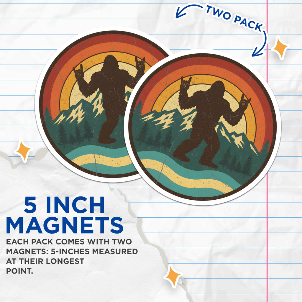 (2 Pack) Bigfoot Magnets - Sasquatch Rock Sign - Retro Mountain Sunset - Camping Cryptid Decor - 5 Inches On Longest Side - Thick Durable Magnet - Made in USA - MAG22506