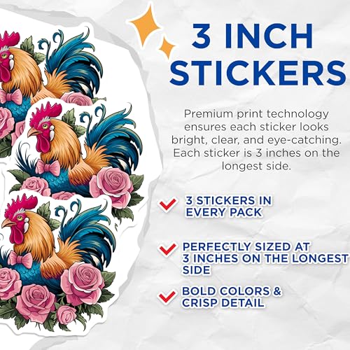 (3 Pack) Rooster Decals - Bowtie Chicken Decal - Floral Rose Decals - 3 Inches On Longest Side - Easy Peel & Apply - Made in USA - 3MCS8202
