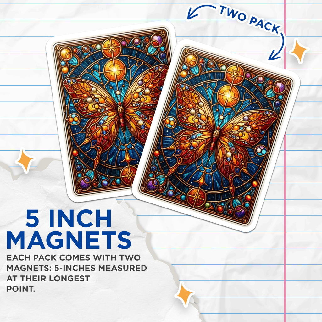 (2 Pack) Stained Glass Butterfly Magnets - Vibrant Celestial Insect Art - Mandala Mosaic Design - Colorful Nature Decor - 5 Inches On Longest Side - Thick Durable Magnet - Made in USA - MAG21131