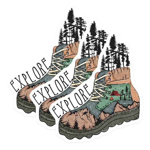 (3 Pack) Explore Hiking Boot Decals - Nature Adventure Stickers - Camping Laptop Decal - 3 Inches On Longest Side - Easy Peel & Apply - Made in USA - 3MCS2951