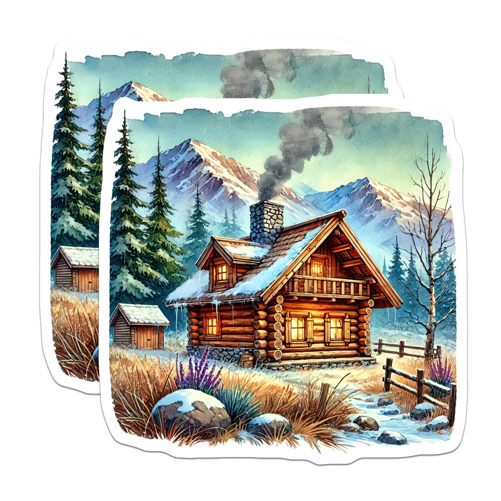 (2 Pack) Log Cabin Magnets - Winter Scenery Refrigerator Magnet - Rustic Home Decoration - 5" On Longest Side - Premium Magnet - for Cars, Refrigerators, Toolboxes, Lockers - Made in USA - MAG17519