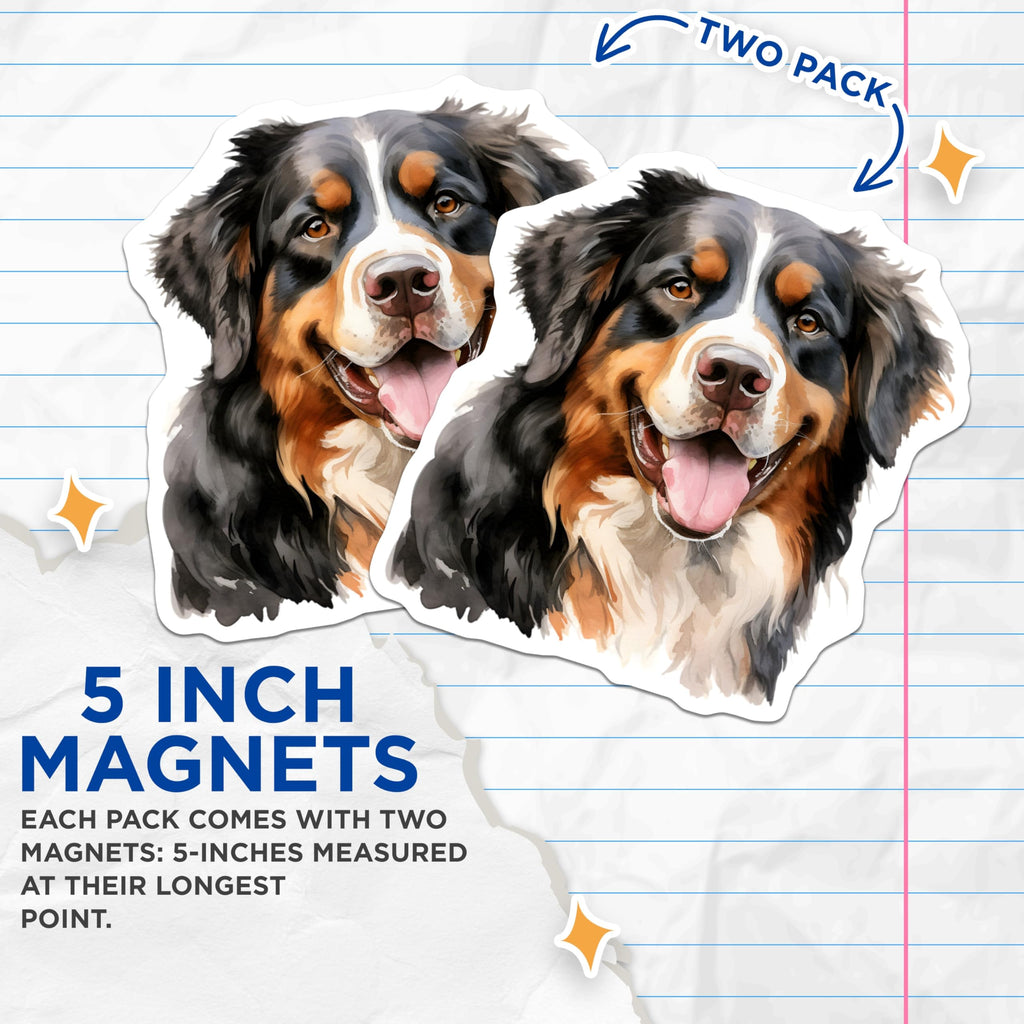 (2 Pack) Bernese Mountain Dog Magnets - Watercolor Dog Art - Happy Bernese Home Decor - Pet Lover Fridge Display - 5 Inches On Longest Side - Thick Durable Magnet - Made in USA - MAG26865