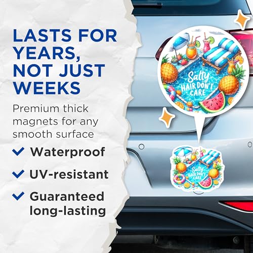 (2 Pack) Salty Hair Don't Care Magnets Magnets - Summer Vibes - Beach Vacation - 5" On Longest Side - Made in USA - Sticks to Refrigerators & Metal Surfaces - MAG9285