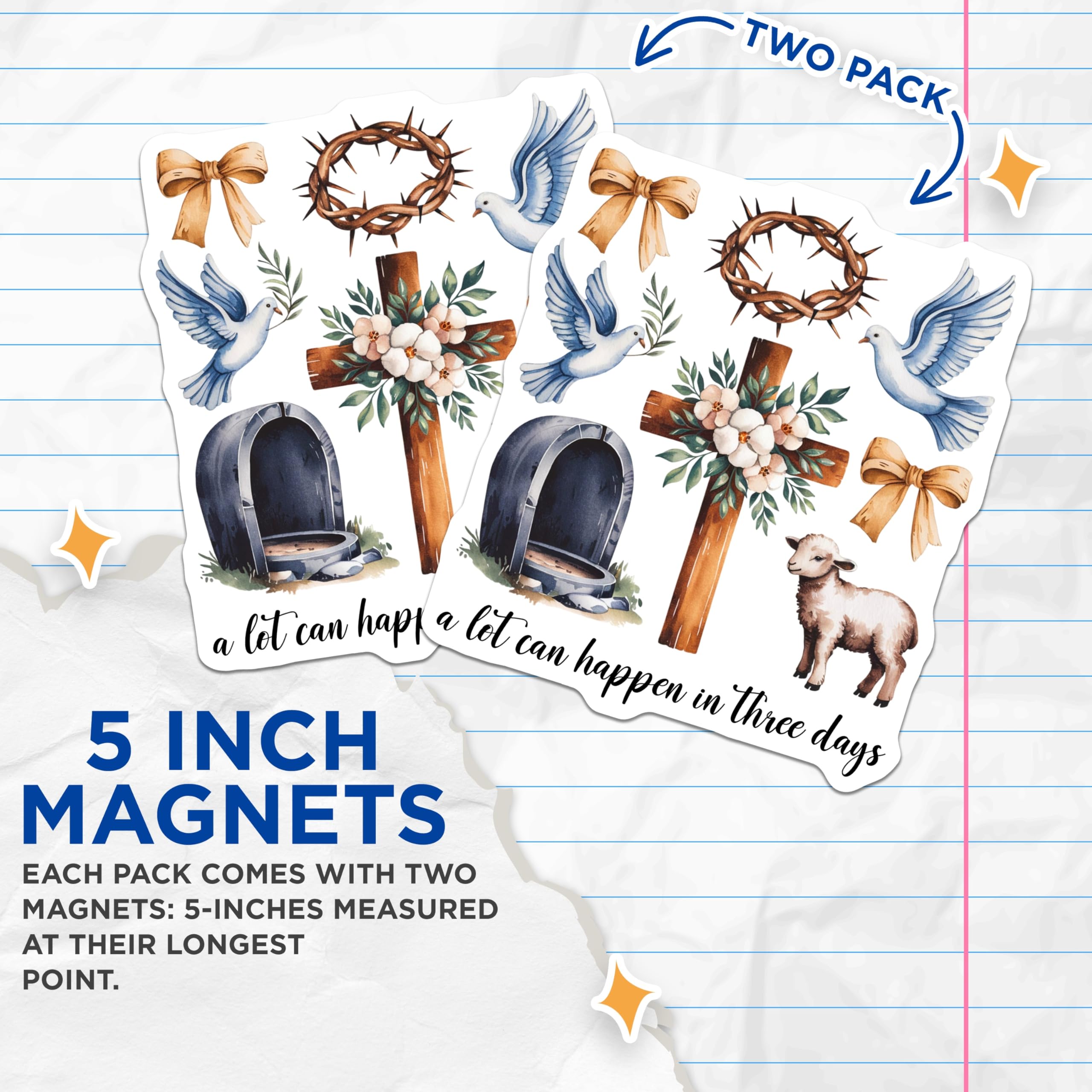 (2 Pack) Easter Resurrection Magnets - Christian Faith Decor - Empty Tomb Cross Doves Lamb Art - Three Days Quote - 5 Inches On Longest Side - Thick Durable Magnet - Made in USA - MAG19866