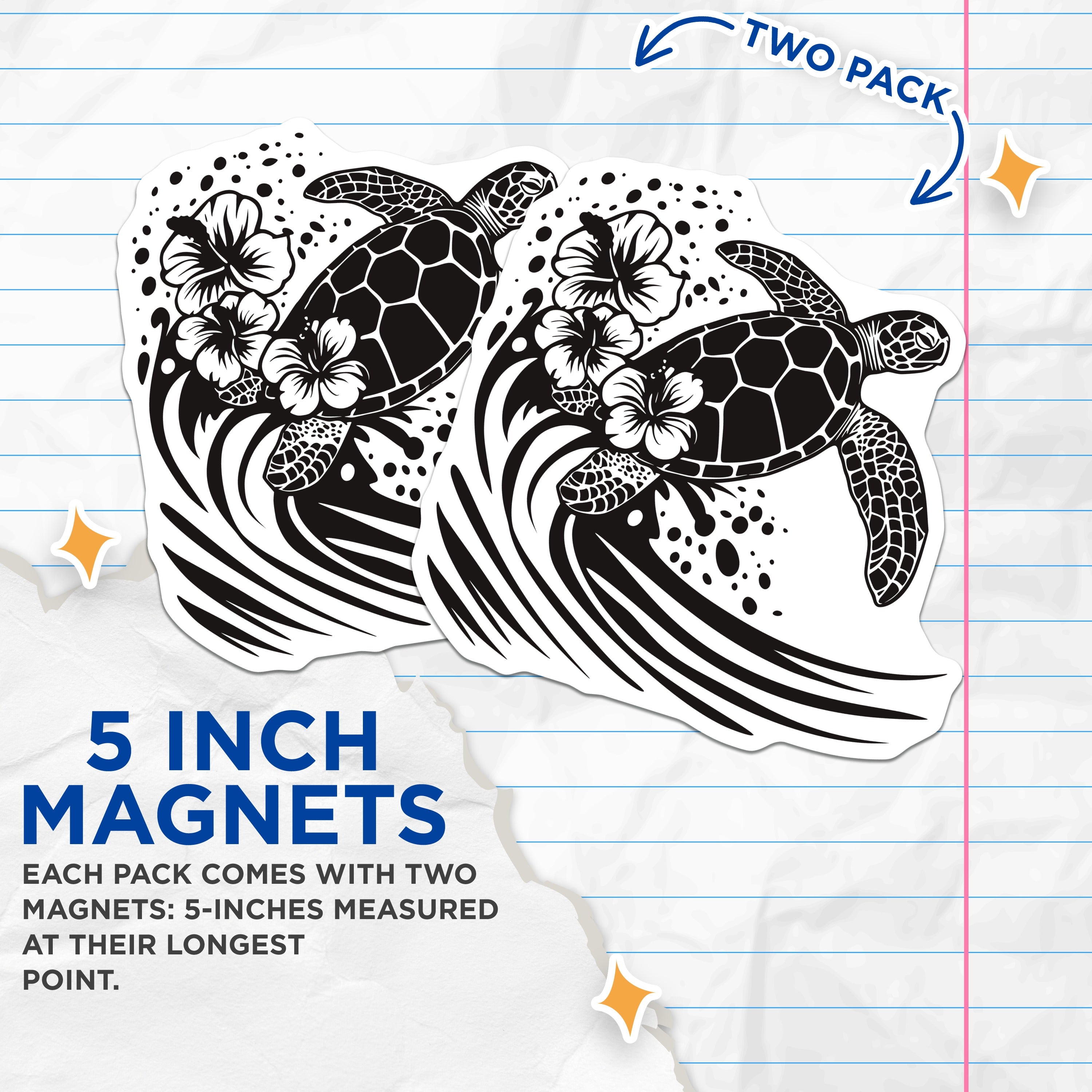 (2 Pack) Sea Turtle Hibiscus Magnets - Tropical Ocean Wave - Coastal Marine Life - 5 Inches On Longest Side - Thick Durable Magnet - Made in USA - MAG37497
