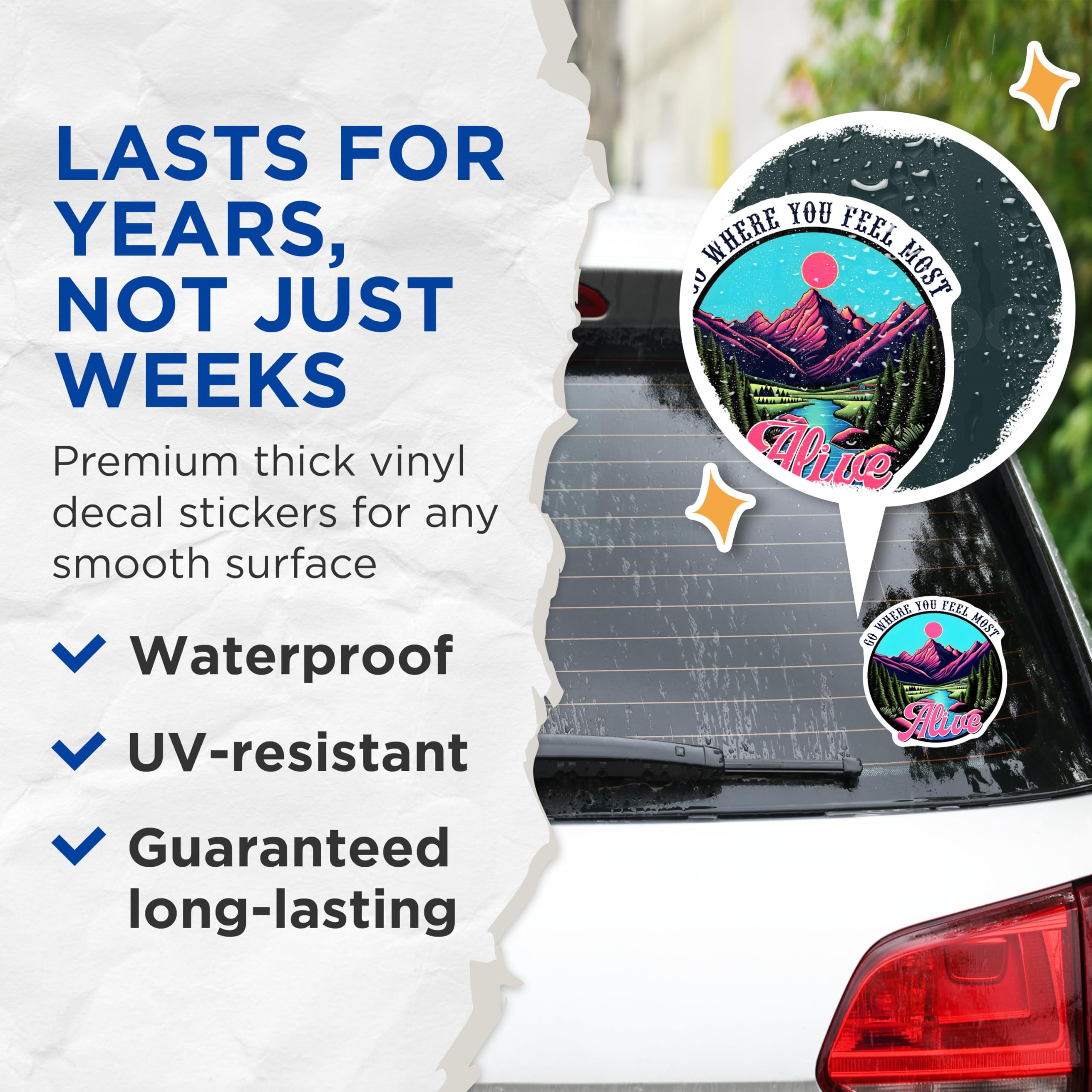 (2 Pack) Go Where You Feel Most Alive Stickers - Outdoor Adventure Stickers - Mountain Landscape Stickers - 5" On Longest Side - Sticks to Any Smooth Flat Surface - Made in USA - BMCS3265