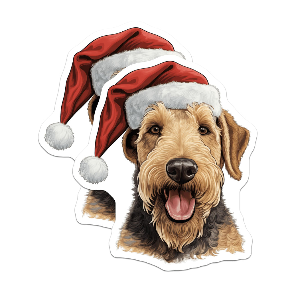 (2 Pack) Airedale Terrier Christmas Magnets - Dog Santa Hat Decor - Pet Holiday Adornments - 5 Inches On Longest Side - Thick Durable Magnet - Made in USA - MAG27365