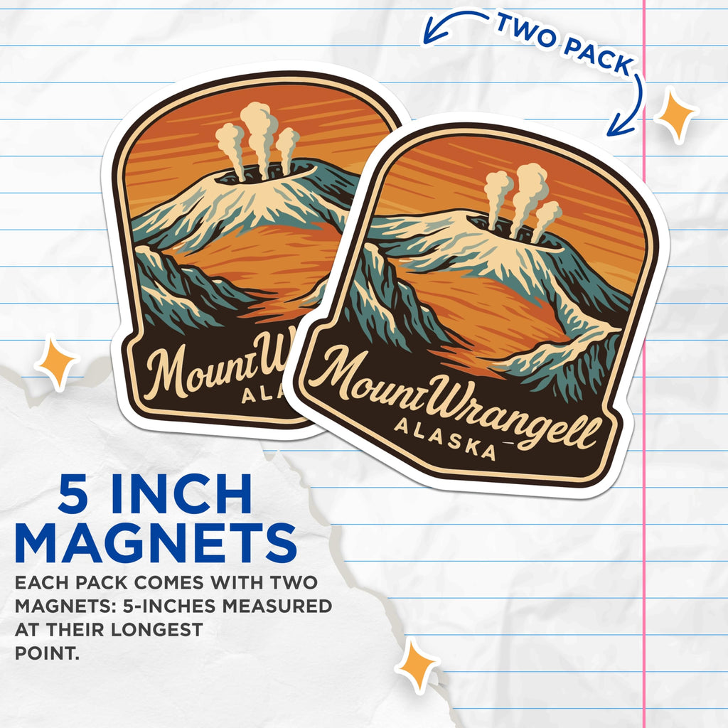 (2 Pack) Mount Wrangell Alaska Magnets - Smoking Volcano Mountain Travel Art - Retro Refrigerator Decor Souvenirs - 5 Inches On Longest Side - Thick Durable Magnet - Made in USA - MAG19786