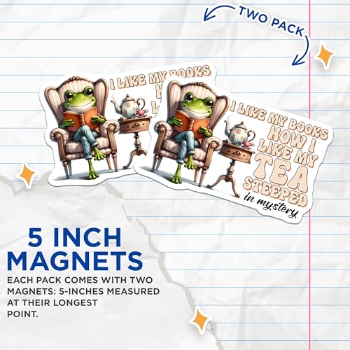 (2 Pack) I Like My Books How I Like My Tea Magnets - Funny Frog Reading - Cozy Mystery Theme - 5" On Longest Side - for Cars, Fridges, Toolboxes - Made in USA - MAG8311