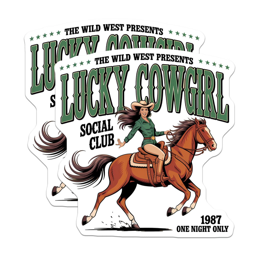 (2 Pack) Lucky Cowgirl Magnets - Wild West Rodeo Art - Vintage Horse Rider Social Club - 5 Inches On Longest Side - Thick Durable Magnet - Made in USA - MAG23174