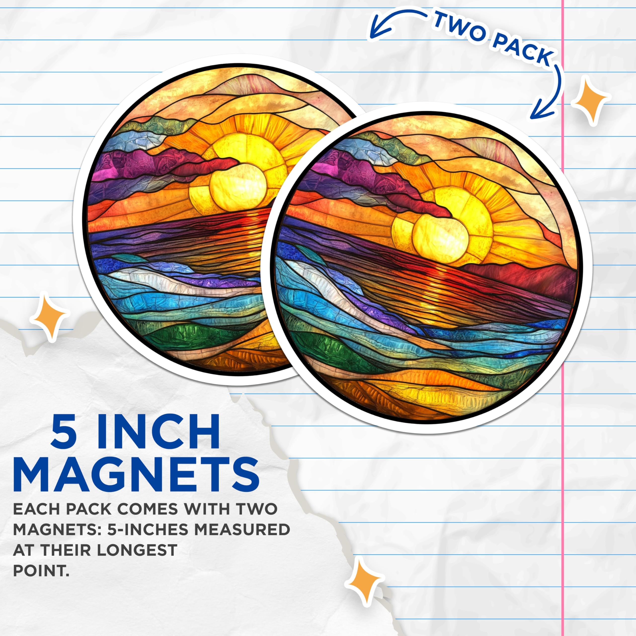 (2 Pack) Stained Glass Sunset Magnets - Ocean Landscape Art - Boho Fridge Decor - 5 Inches On Longest Side - Thick Durable Magnet - Made in USA - MAG28479