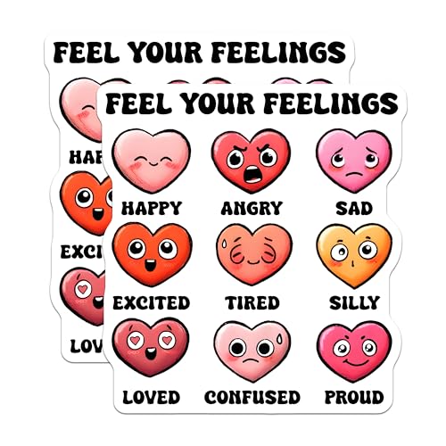 (2 Pack) Feel Your Feelings Stickers - Heart Emoji - Emotion for Journals - Cute Heart Faces - Mood - 5" On Longest Side - Sticks to Smooth Flat Surfaces - Made in USA - BMCS8254