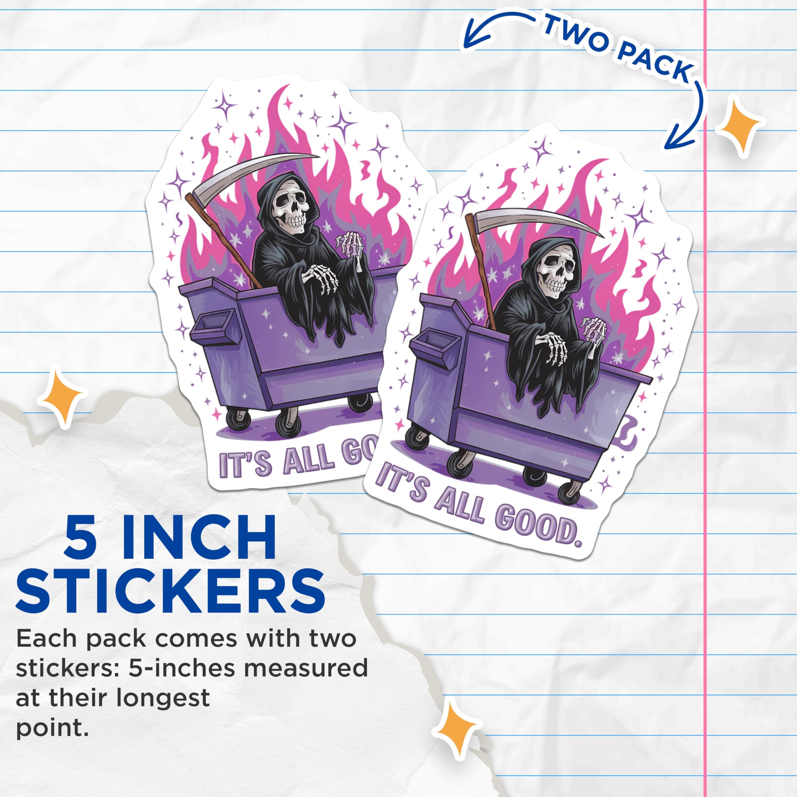 (2 Pack) Grim Reaper Dumpster Fire Stickers - Its All Good Meme - Goth Aesthetic Decal - 5" On Longest Side - Sticks to Smooth Flat Surfaces - Made in USA - BMCS20720
