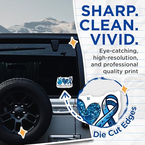 (2 Pack) Peace Love Cure Stickers - Diabetes Awareness Stickers - Blue Ribbon Stickers - 5" On Longest Side - Sticks to Smooth Flat Surfaces - Made in USA - BMCS3816