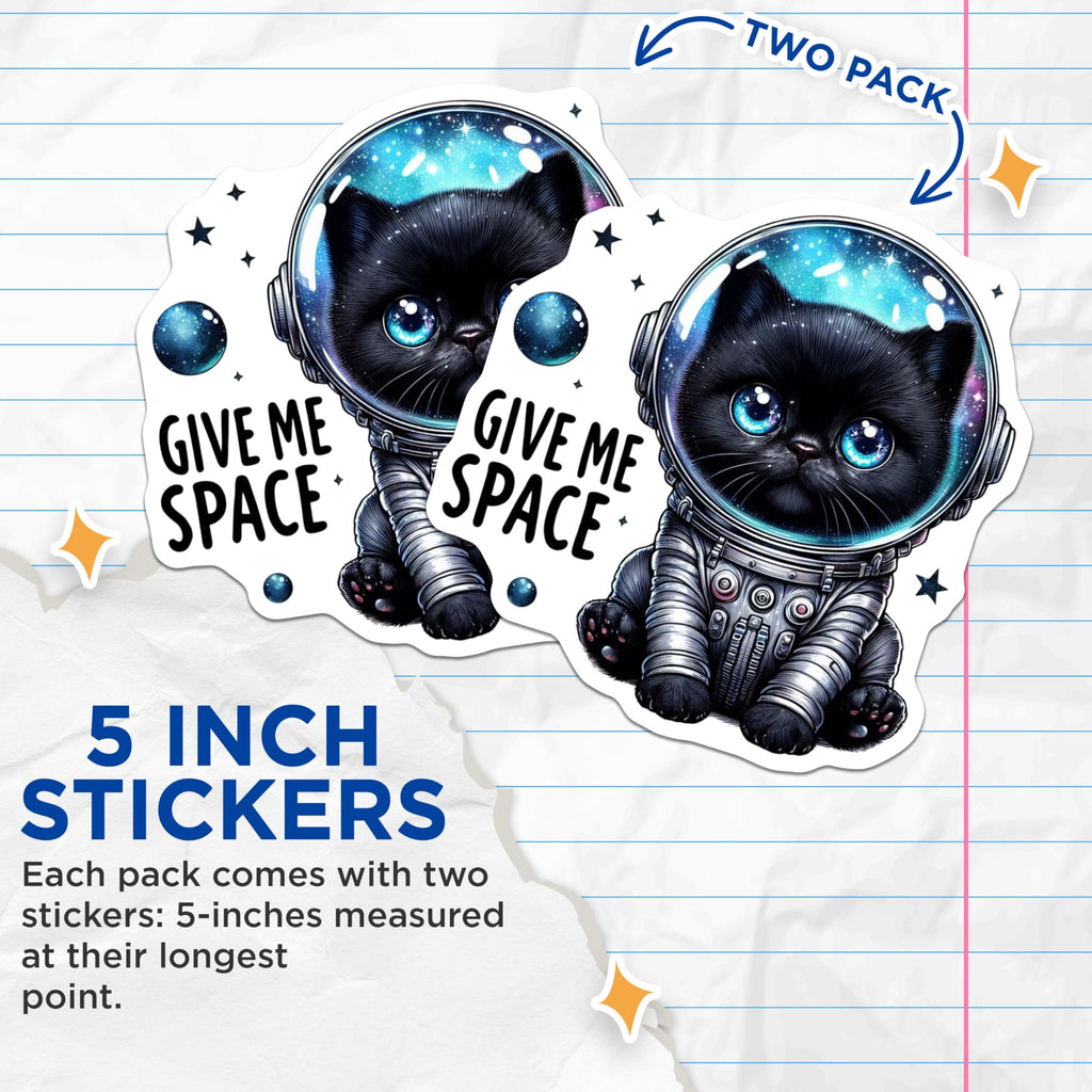 (2 Pack) Give Me Space Cat Stickers - Cute Astronaut Cat Decal - Space Themed Stickers for Laptops and Water Bottles - 5" On Longest Side - Sticks to Smooth Flat Surfaces - Made in USA - BMCS4585