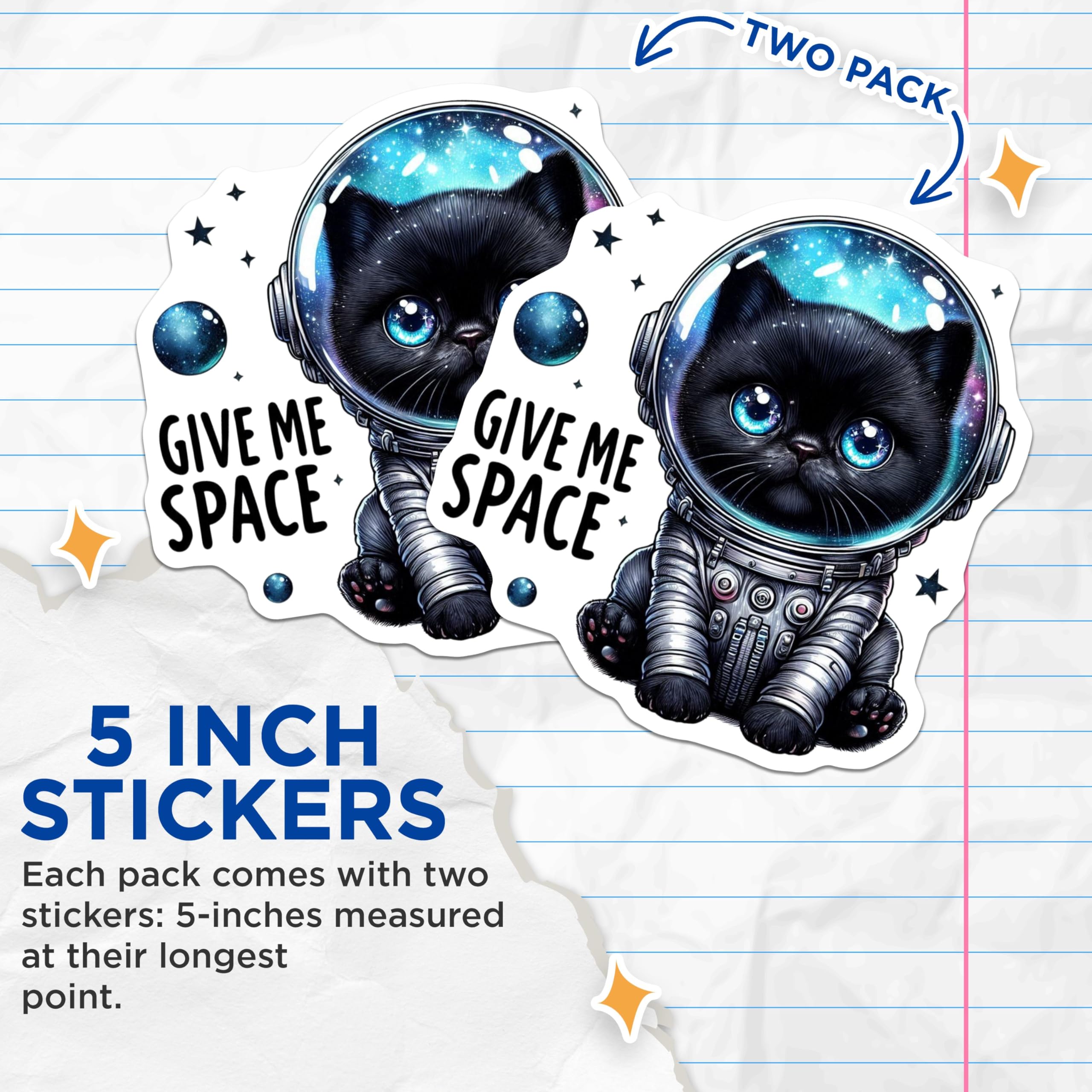 (2 Pack) Give Me Space Cat Stickers - Cute Astronaut Cat Decal - Space Themed Stickers for Laptops and Water Bottles - 5" On Longest Side - Sticks to Smooth Flat Surfaces - Made in USA - BMCS4585